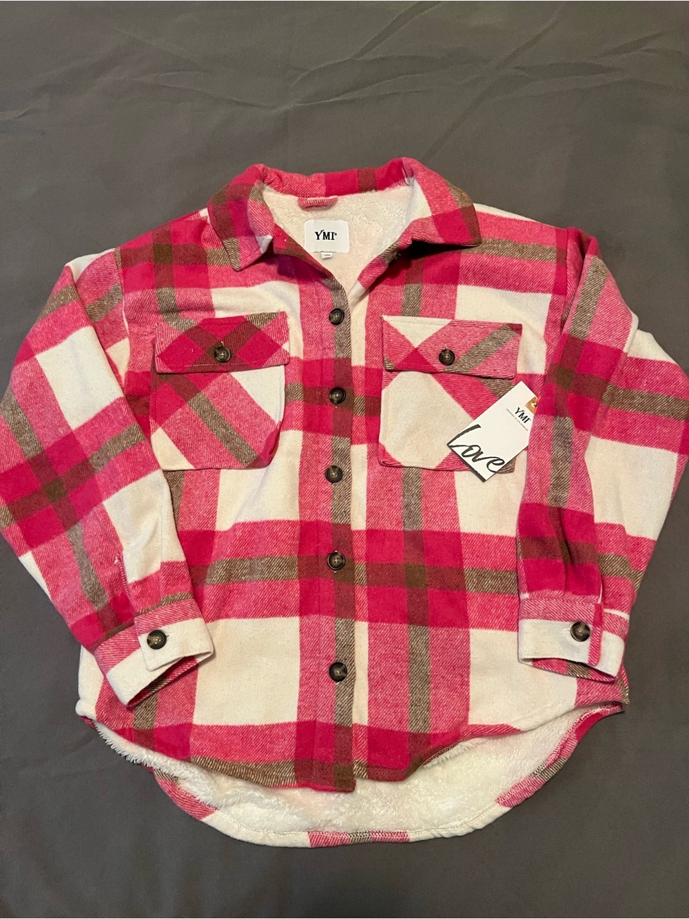 YMI Girls Pink White Plaid Sherpa-Lined Button-Down Shirt